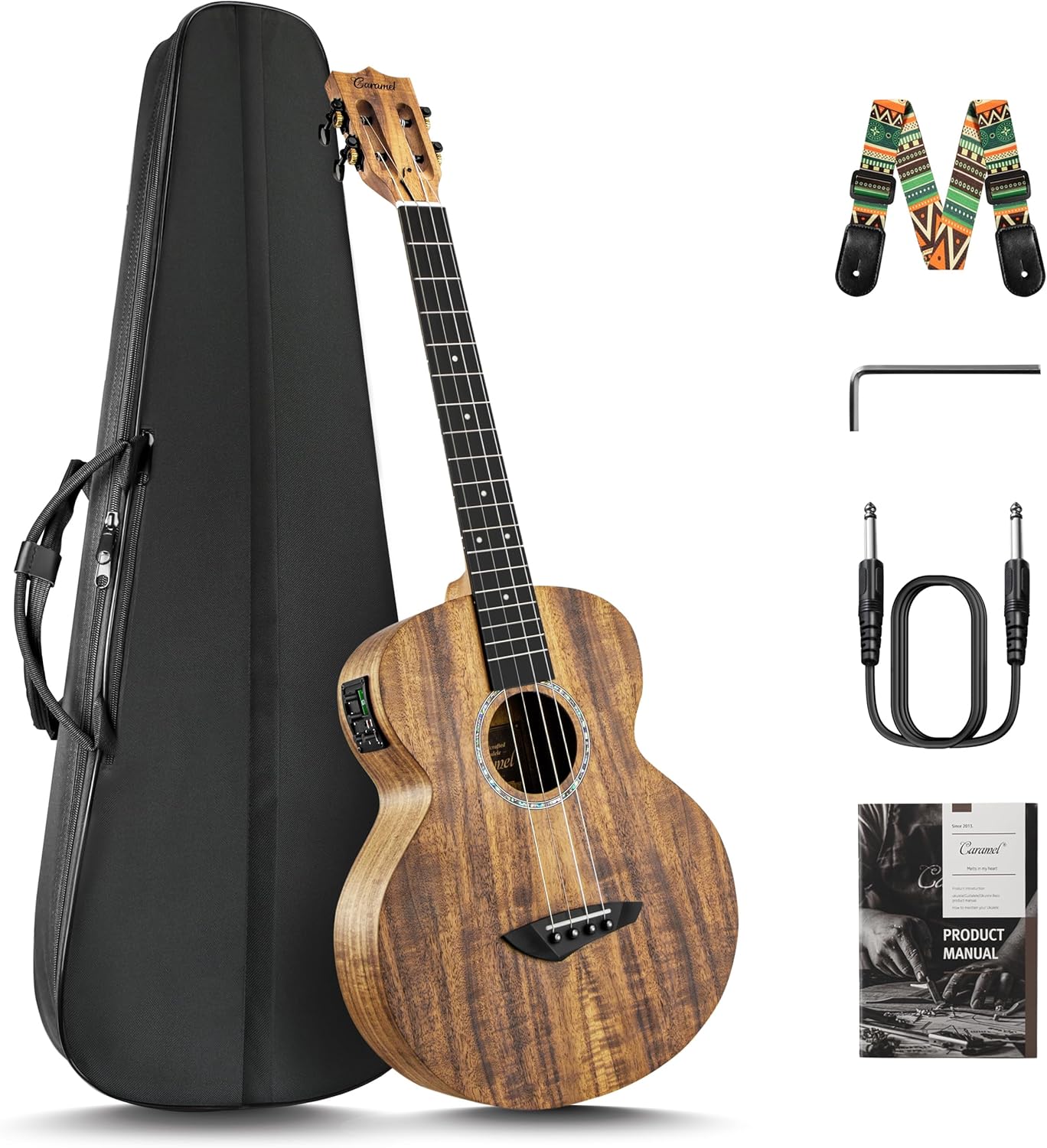Caramel CB207 Acacia Baritone Acoustic Electric Ukulele with Truss Rod with Additional Strings, Padded Gig Bag, Strap and EQ cable