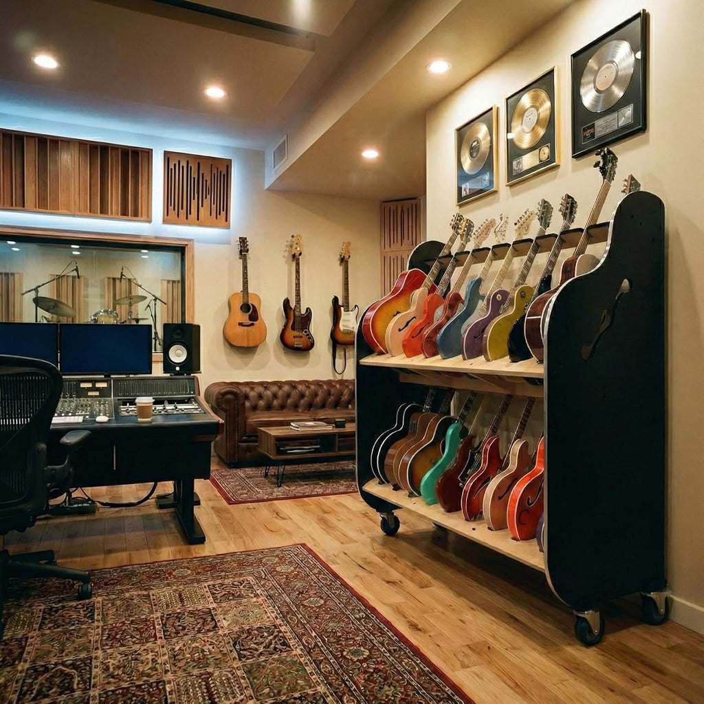 A&S Crafted Products Double-Stack 2-Tier Electric Guitar Rack - The Session-Pro | With Heavy-Duty Wheels and Holds 18 Instruments | Made in U.S.A.