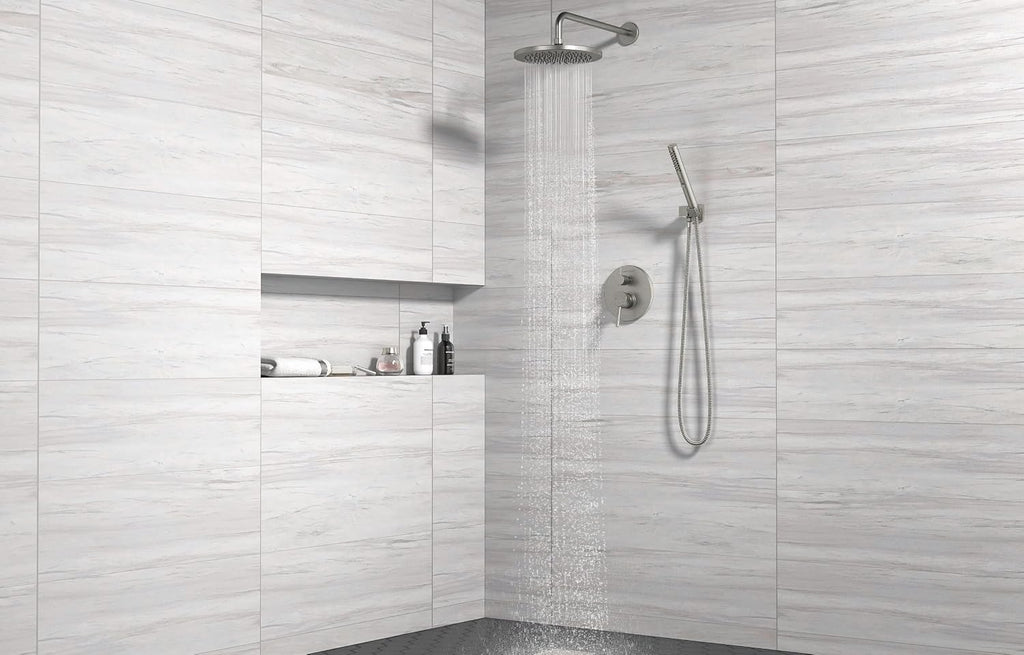 Lava Odoro Modern 2-Setting Round Rain Shower System, Brushed Nickel Rainfall Shower Faucet Set Rain Shower Head and Handle Set, Shower Valve Trim Kit,10 Inch, Brushed Stainless, SF104-BN