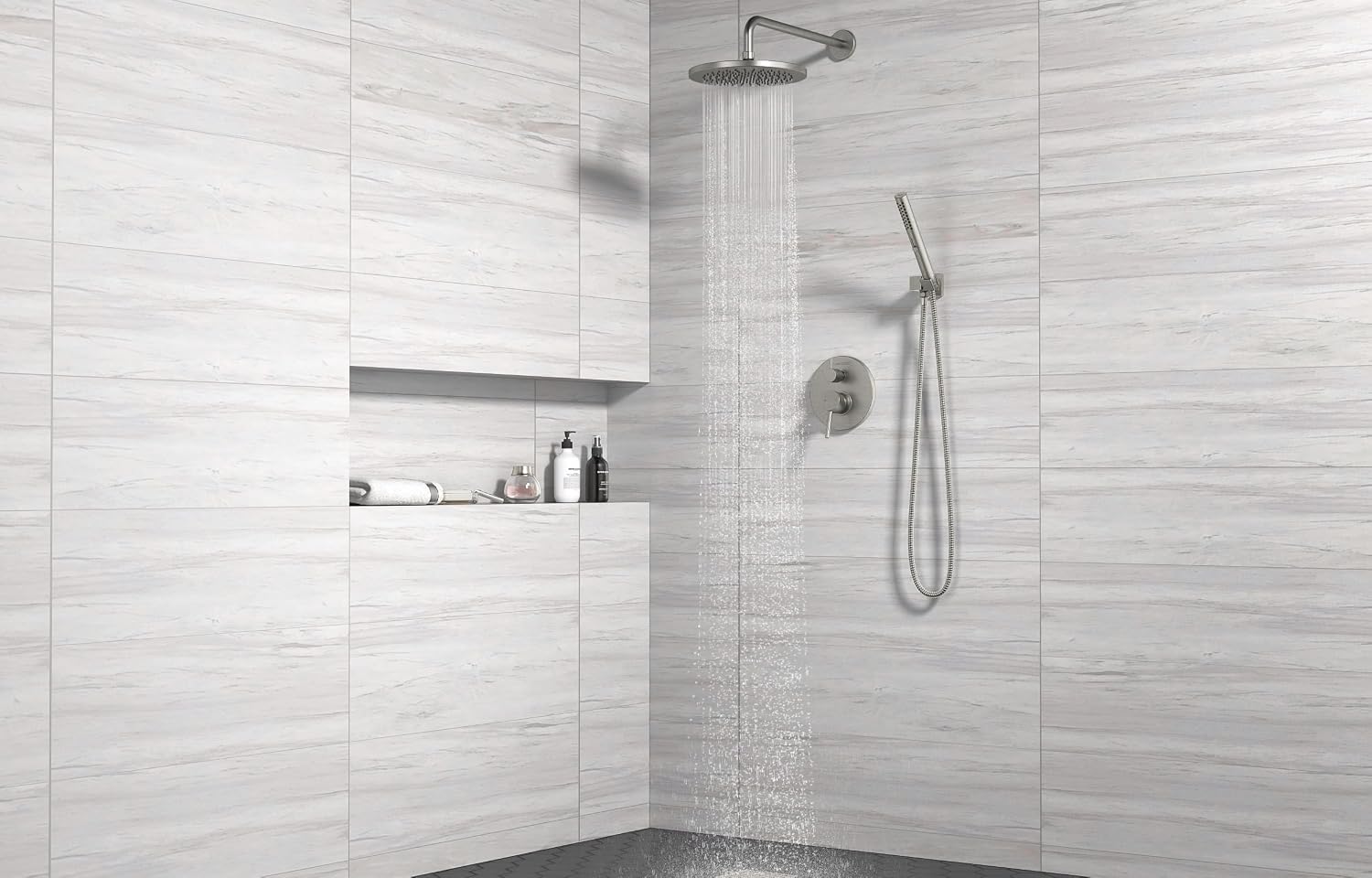 Lava Odoro Modern 2-Setting Round Rain Shower System, Brushed Nickel Rainfall Shower Faucet Set Rain Shower Head and Handle Set, Shower Valve Trim Kit,10 Inch, Brushed Stainless, SF104-BN