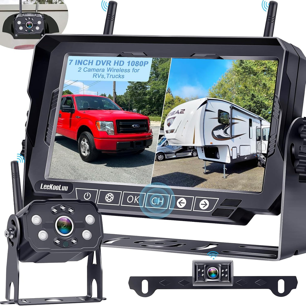 HD 1080P 7 inch RV Wireless Backup Camera: Dual Camera 30-Min Easy Install Clear Night Vision 4 Channels Recording Touch Key Monitor Rear View Camera for Furrion Pre-Wired RVs Travel Trailers Camper