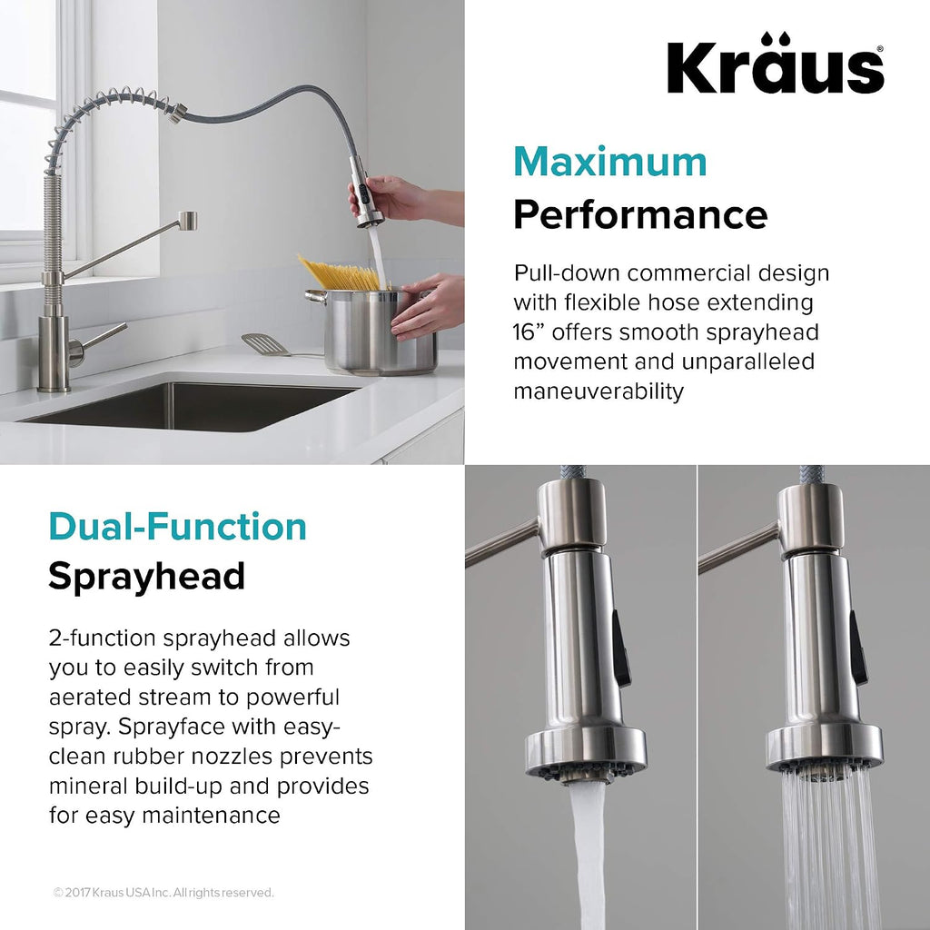 KRAUS Bolden 18-Inch Single Handle Spot Free Stainless Steel Commercial Style Pull-Down Kitchen Faucet with Soap Dispenser, KPF-1610SFS-KSD-43SFS
