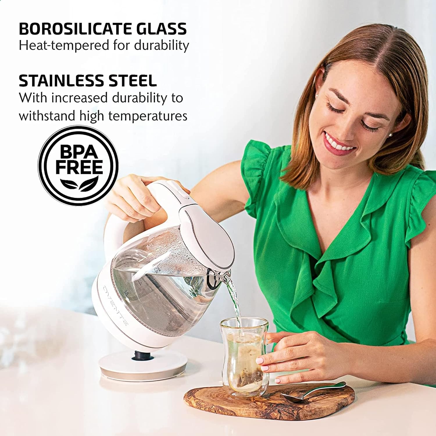 OVENTE Electric Kettle,1.5L Borosilicate Glass Countertop Water Heater & Boiler for Coffee or Tea,BPA-Free,Auto Shut-Off,Boil-Dry Protection,Removable & Washable Spout Filter,White KG83W,(Pack of 8)