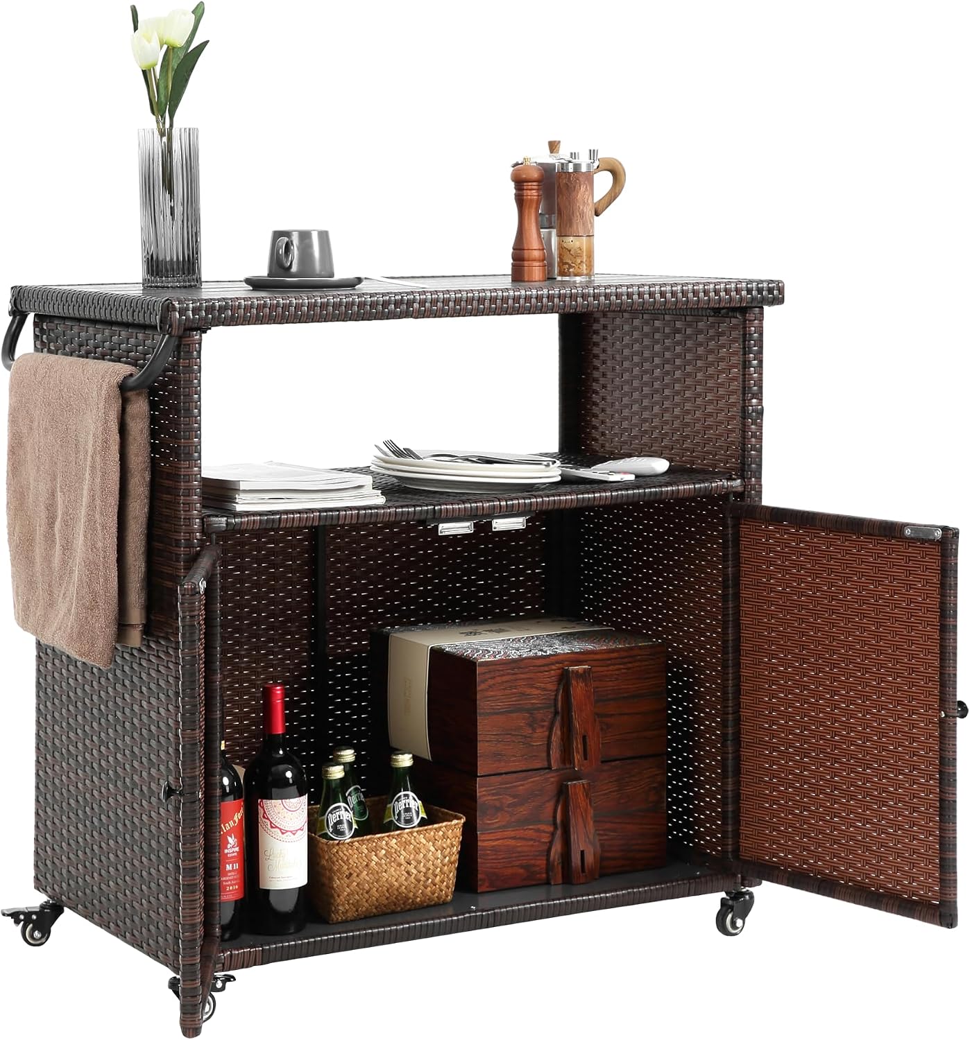 Outdoor Wicker Bar Cart with Wheels, Outdoor Rolling Kitchen Island Grill Cart with Storage Cabinet, Outside Portable Bar Table for Events, Patio, Porch, Backyard, Garden, Poolside, Black+Brown