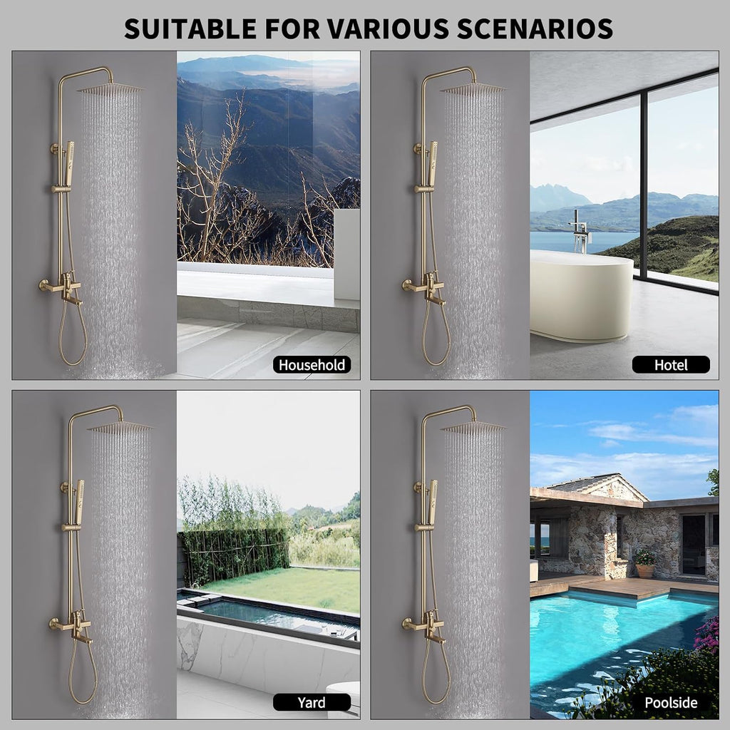 Exposed Shower System 10' Brushed Gold Rainfall Shower Head with 2 Modes Handheld and Tub Faucet Set, Square Shower Head 3 Functions Outdoor Shower Fixtures with Brass Valve, Height Adjustable