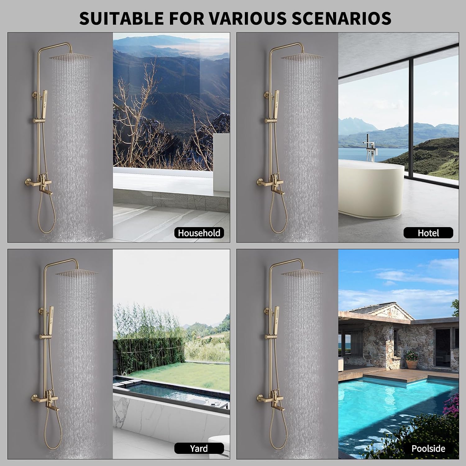 Exposed Shower System 10' Brushed Gold Rainfall Shower Head with 2 Modes Handheld and Tub Faucet Set, Square Shower Head 3 Functions Outdoor Shower Fixtures with Brass Valve, Height Adjustable