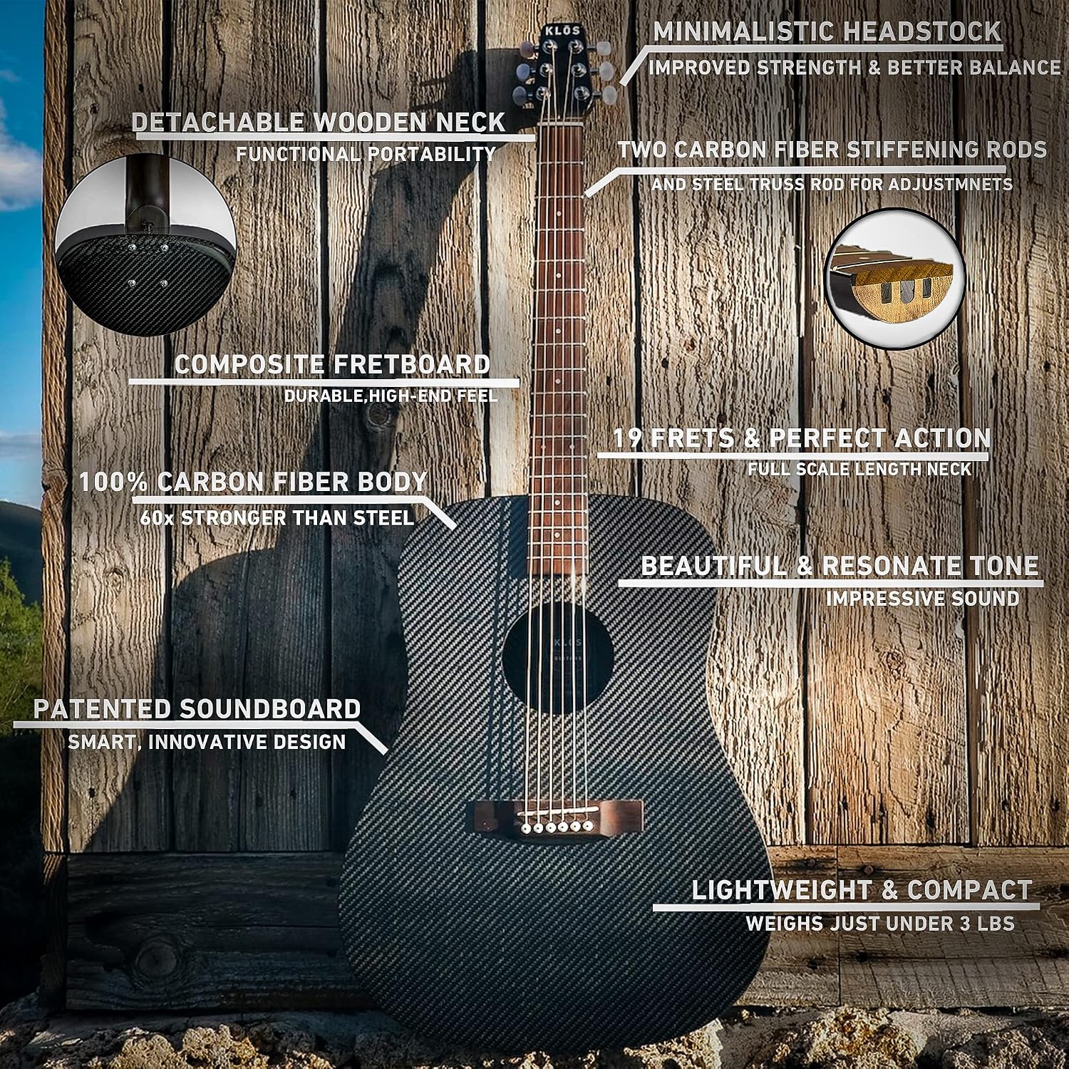 KLOS Full Size Guitar, Durable Carbon Fiber Acoustic Guitar - Black with Gig Bag, Strap, Capo, and more
