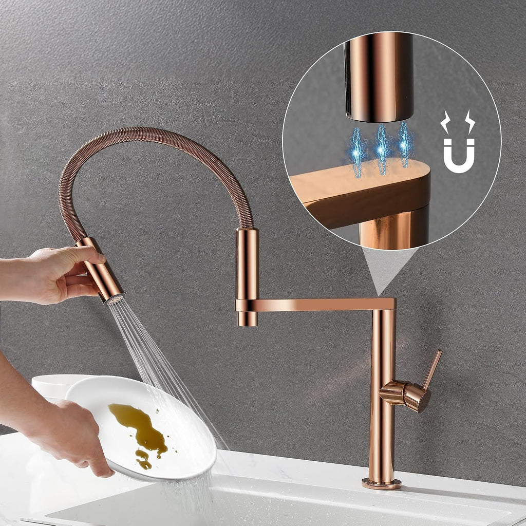 Magnetic Docking Kitchen Faucet with Pull Down Sprayer, Dual-Function Spray and 360 Degree Swivel, Commercial Spring Kitchen Faucet, Rose Gold