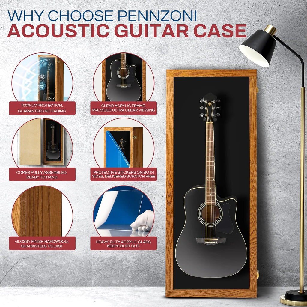 PENNZONI Acoustic Guitar Display Case - Acrylic Acoustic Guitar Case - Guitar Display Case Wall Mount, Guitar Wall Case Made from Hardwood Frame & Clear Acrylic | Natrual Oak