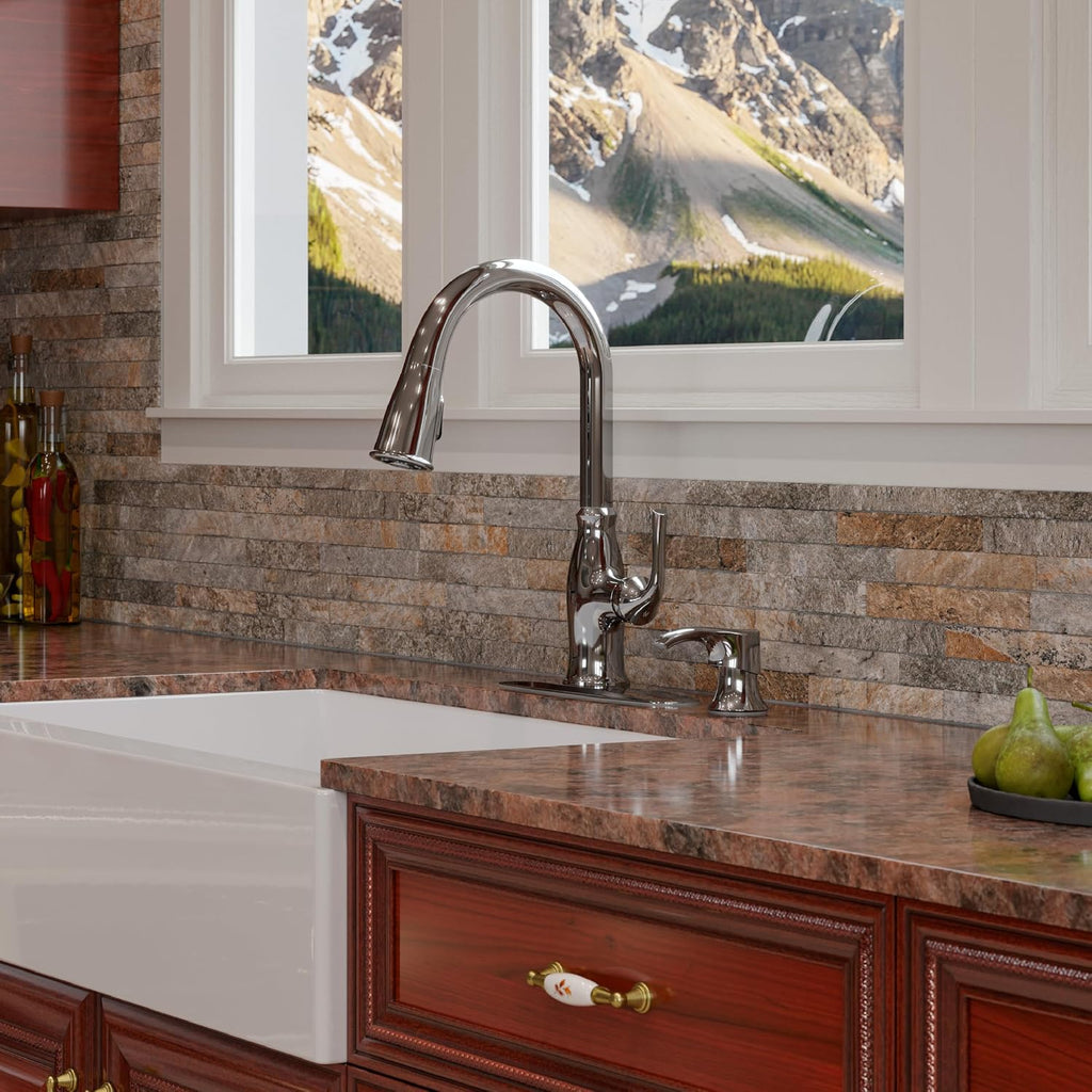 Pfister Rosslyn Kitchen Faucet with Pull Down Sprayer and Soap Dispenser, Single Handle, High Arc, NSF Certified, Polished Chrome Finish, F5297RSSRC