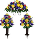 Sympathy Silks Artificial Cemetery Flowers - Grave Flower Holder - Purple Iris, Yellow Mum, Pink Daisy - (1) Headstone Flower Saddle (2) Matching Bouquets & (2) Cemetery vases Included