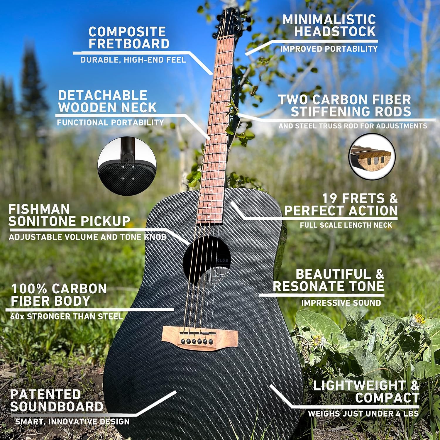 KLOS Full Size Deluxe Guitar, Durable Carbon Fiber Acoustic Electric Guitar - Black with Gig Bag, Strap, Capo, and more