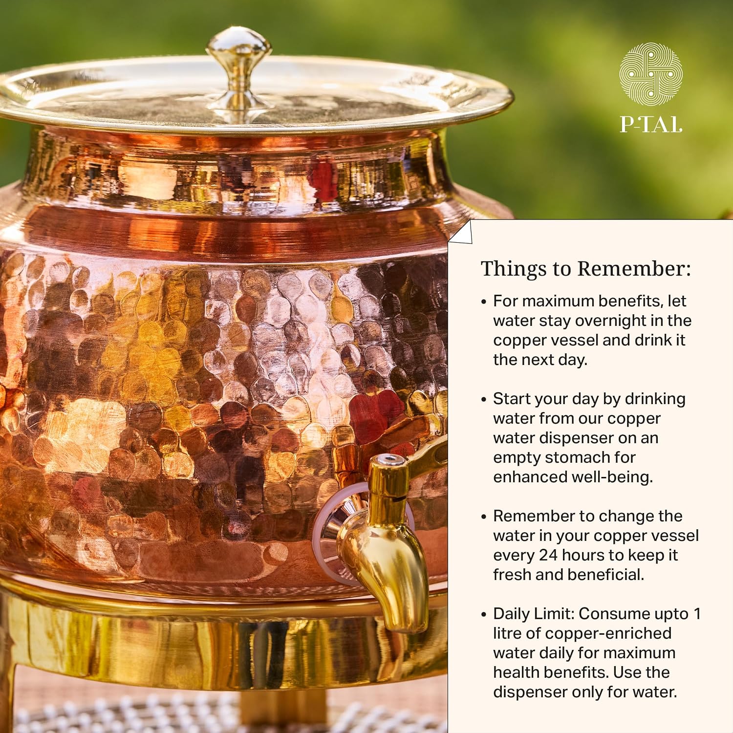 P-TAL Copper Water Dispenser 2.65 Gallons | 100% Pure Copper Pot Heavy Gauge and Hammered with Prefitted Leakproof Brass Spigot, Lid and Stand
