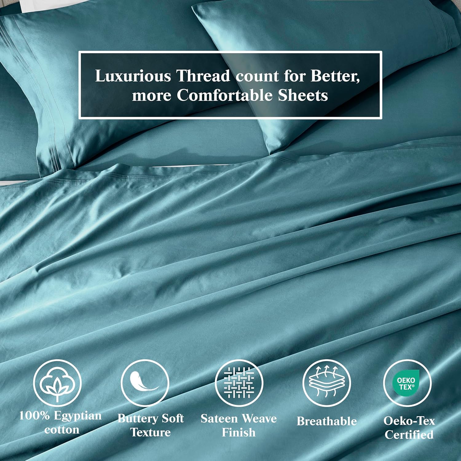 Superior Egyptian Cotton 4 Piece Sheet Set, 650 Thread Count, Eco-Friendly, Sustainable Sheets, Ultra-Soft Basics, Solid, Deep Pocket Fitted Sheet, Flat Sheet, Pillowcases, California King, Caribbean