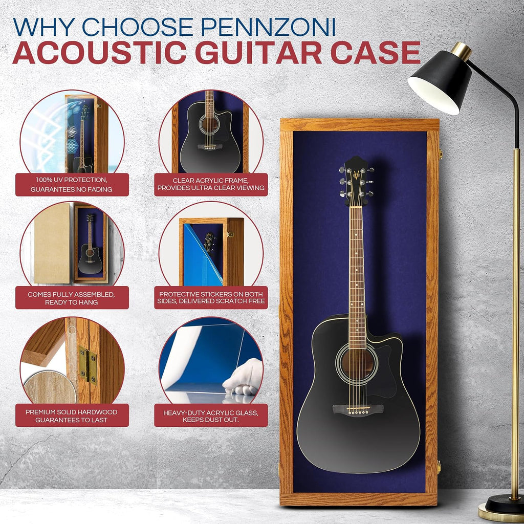 PENNZONI Acoustic Guitar Display Case - Acrylic Acoustic Guitar Case - Guitar Display Case Wall Mount, Guitar Wall Case Made from Hardwood Frame & Clear Acrylic | Natrual Oak