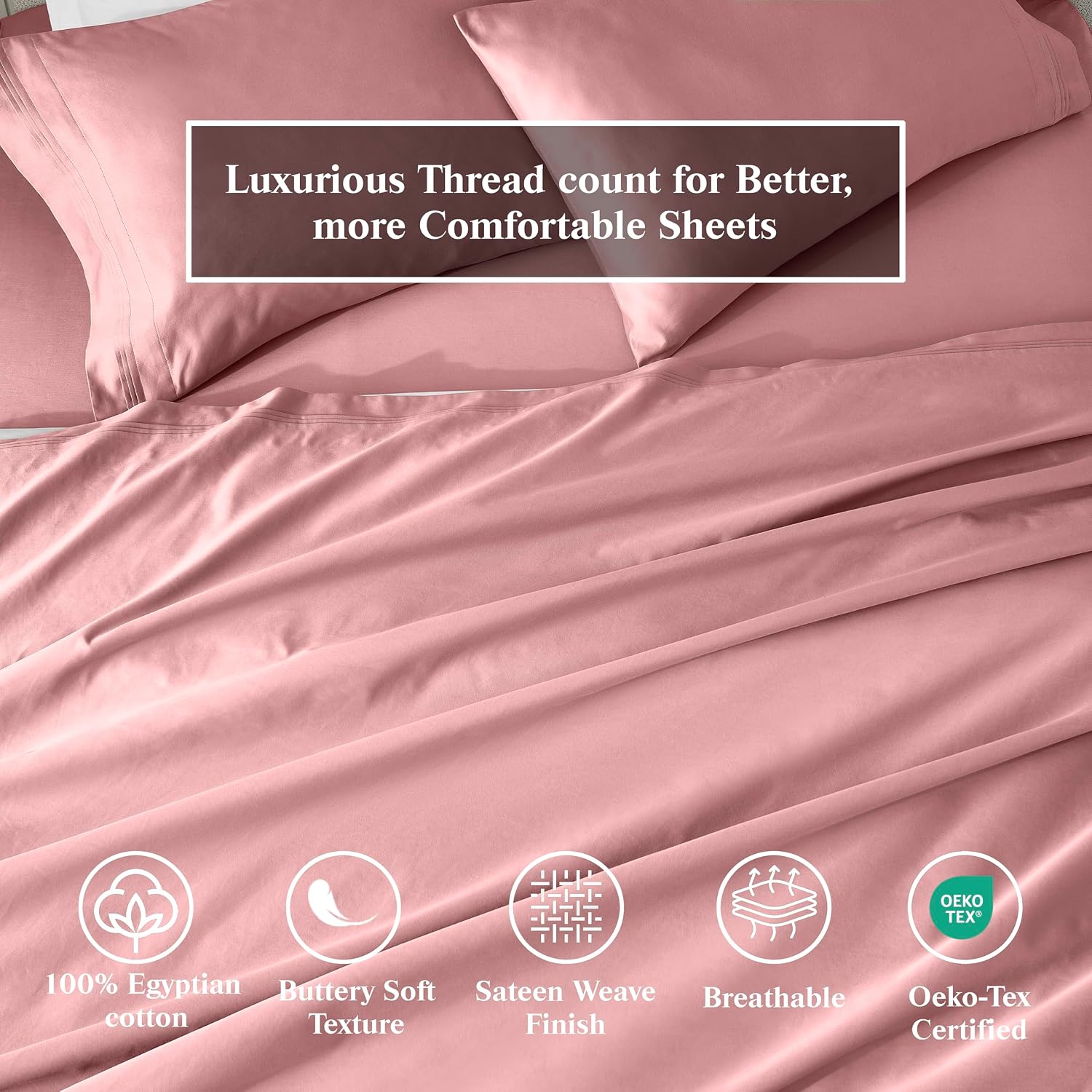 Superior Egyptian Cotton 4 Piece Sheet Set, 650 Thread Count, Eco-Friendly, Sustainable Sheets, Ultra-Soft Basics, Solid, Deep Pocket Fitted Sheet, Flat Sheet, Pillowcases, California King, Blush