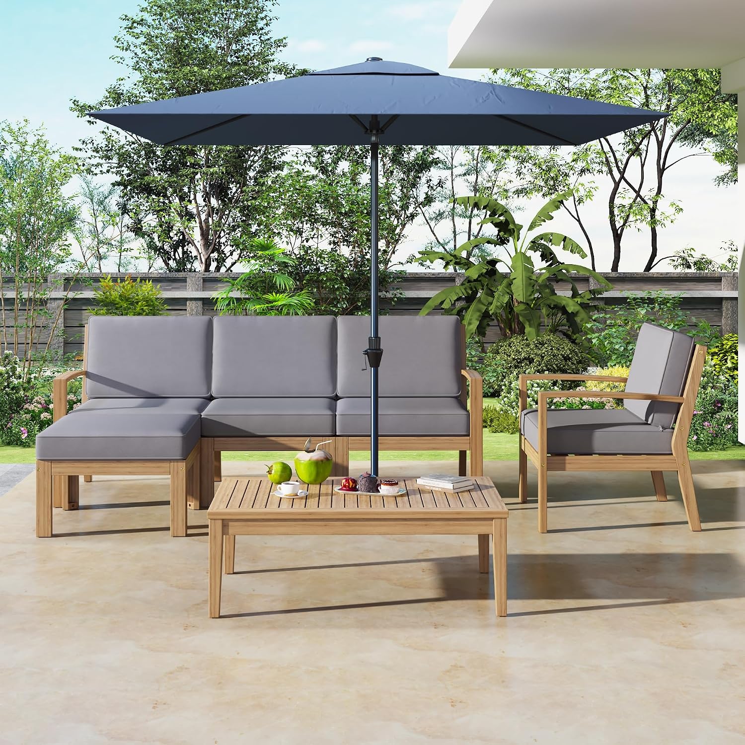 6-Piece Outdoor Patio Conversation Furniture Set, Acacia Wood Sectional Sofa Set with Coffee Table and Removable Cushion for Garden Backyard and Poolside (Grey-CC)