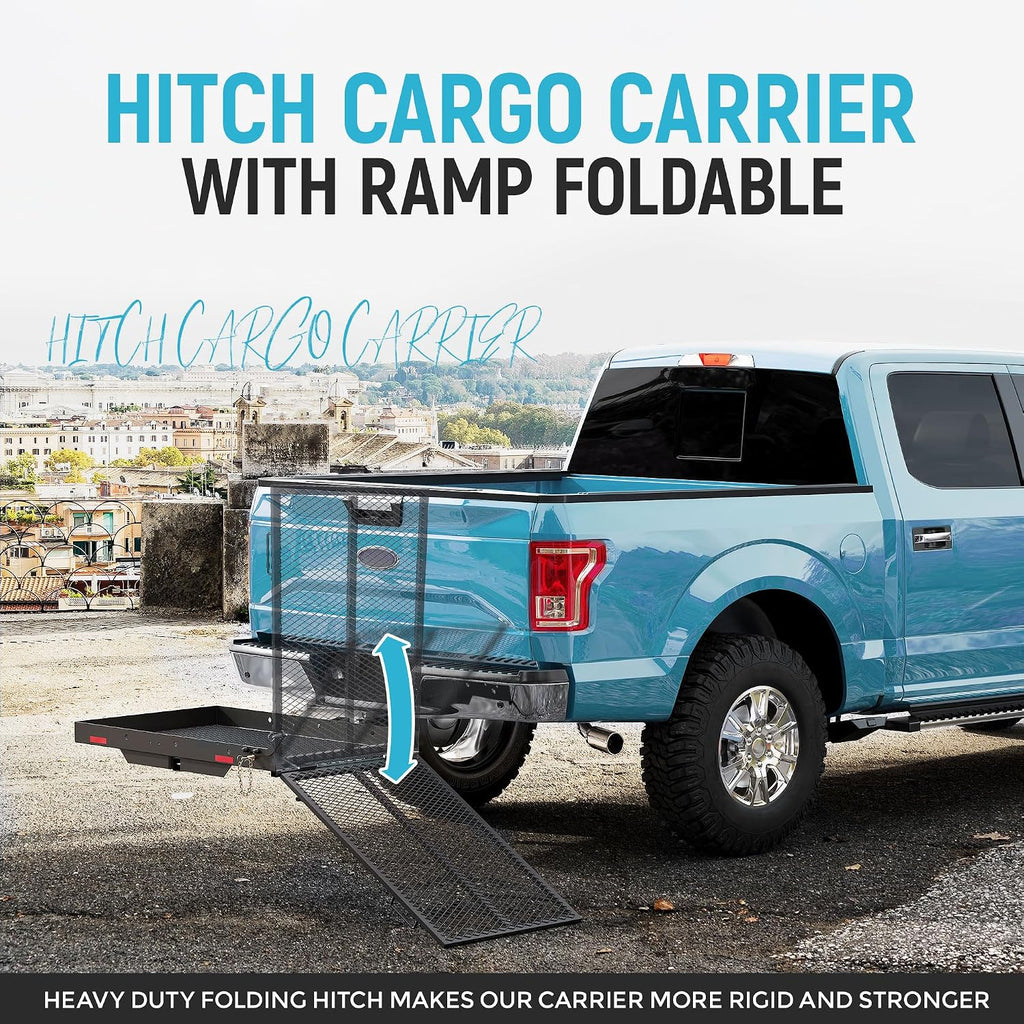 ECOTRIC 46.2 X 26.8 X 38.7 Inch Hitch Cargo Carrier W/Ramp Foldable 500 Lbs Trailer Hitch Mount Steel Wheelchair Carrier Mobility Scooter Ramp 2' Hitch Receiver for Snow Blower SUV Truck Van Car