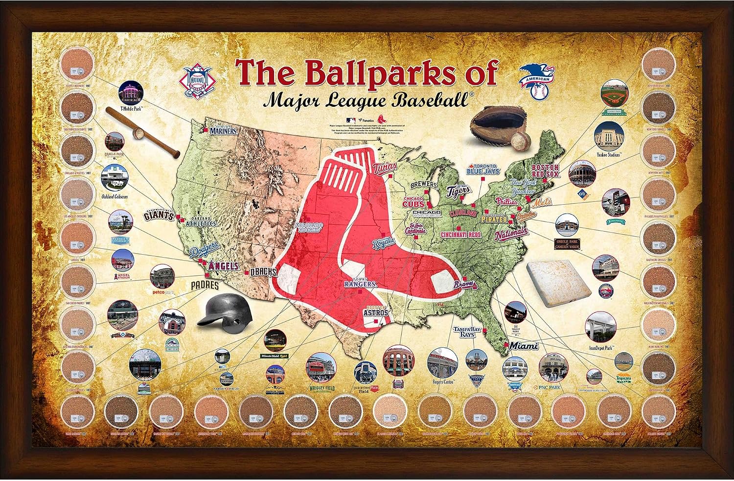 Major League Baseball Parks Framed 20' x 32' Boston Sox Map Collage with Game-Used Dirt from All 30 Stadiums - MLB Game Used Dirt Collages
