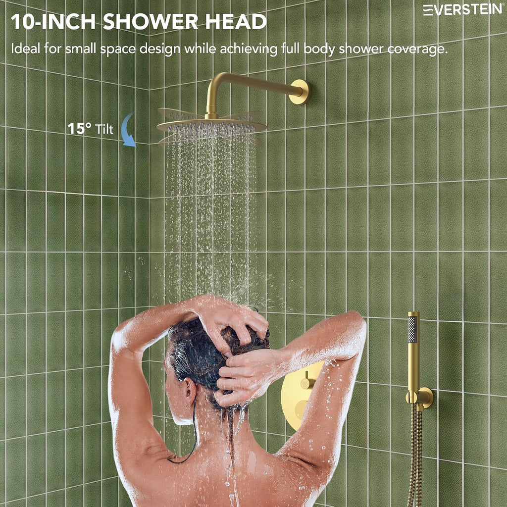 10' High-Pressure Rainfall Shower System with Handheld Spray, Wall Mount Bathroom Shower Faucet Set with Tub Spout, Brushed Gold (Valve Included)