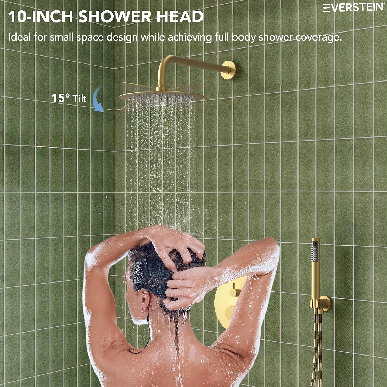 10' High-Pressure Rainfall Shower System with Handheld Spray, Wall Mount Bathroom Shower Faucet Set with Tub Spout, Brushed Gold (Valve Included)