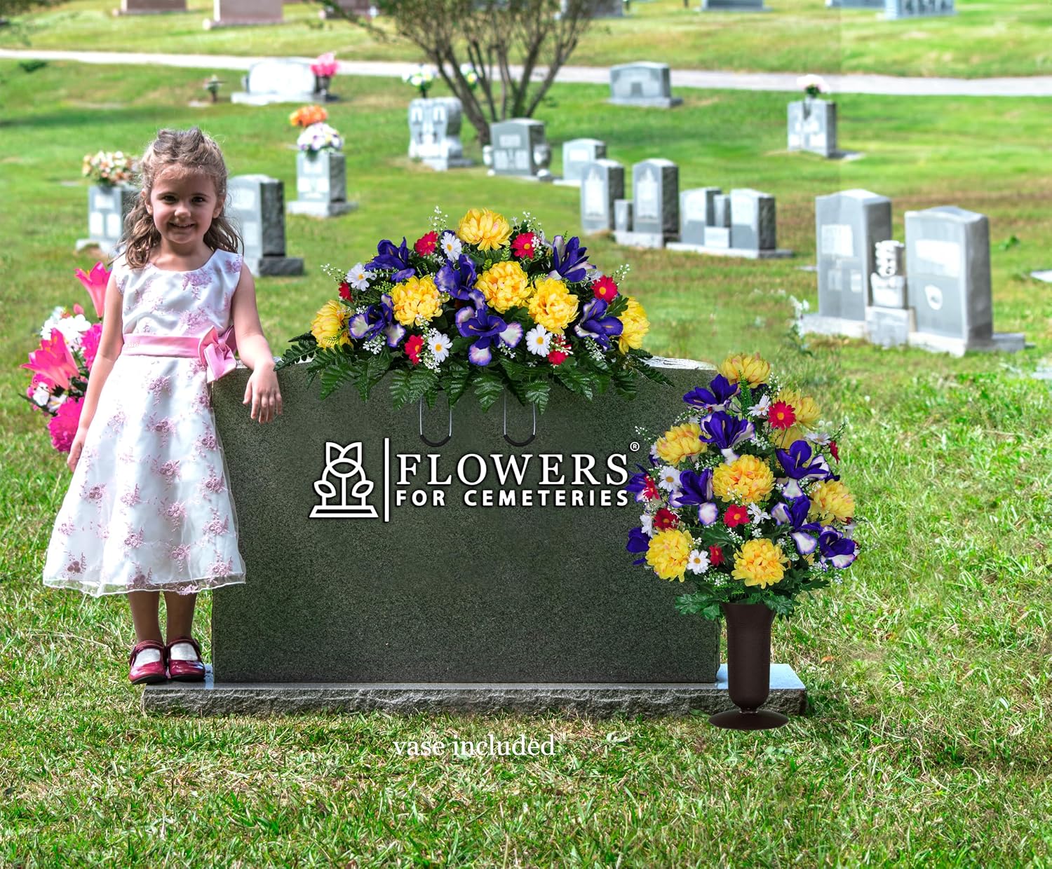 Sympathy Silks Artificial Cemetery Flowers -Grave vase - Purple Iris, Yellow Mum, Pink Daisy - (1) Headstone Flower Saddle & (1) Matching Bouquet with vase Included