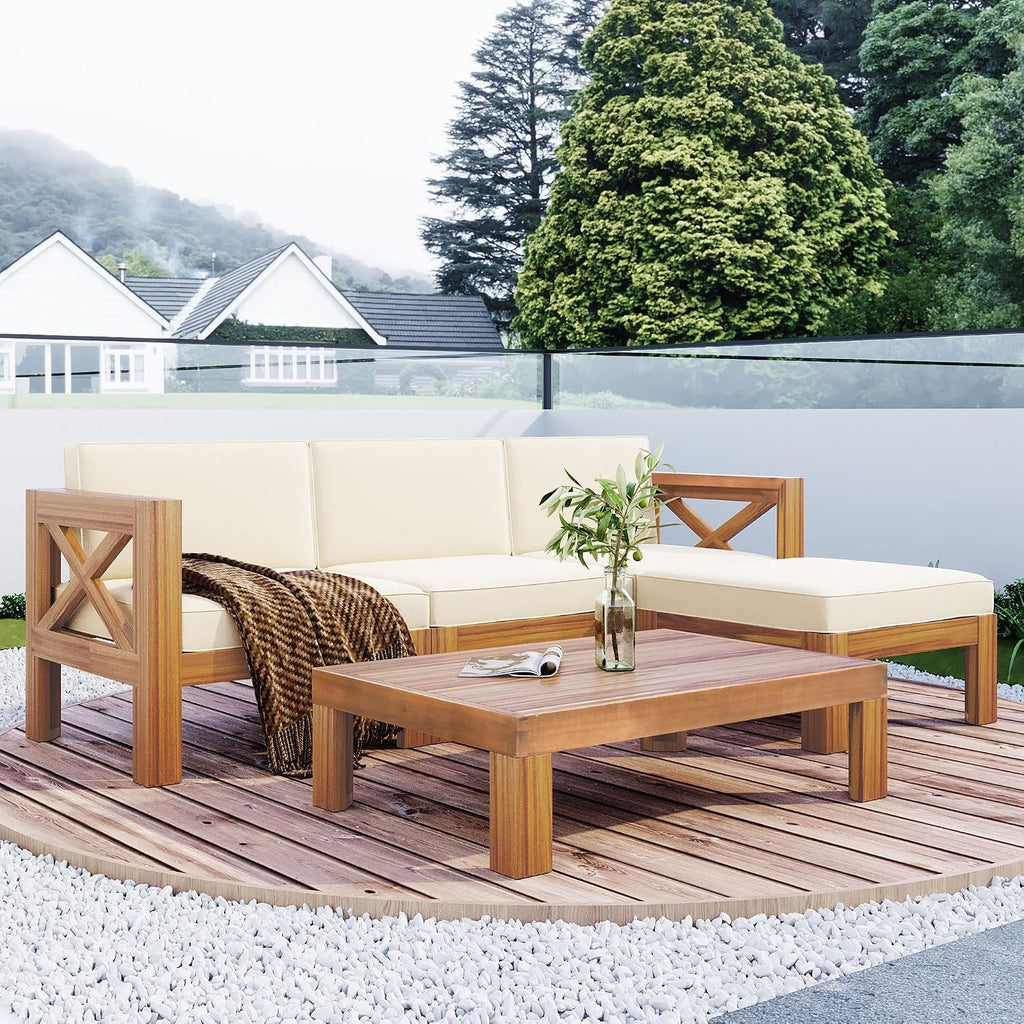 5-Piece Sectional Sofa Seating Group Set With Cushions,Outdoor Backyard Patio Wood Sectional Seating Group With Tea Table And Ottoman For Backyard,Garden,Poolside (Natural Finish+ Beige Cushions-01)