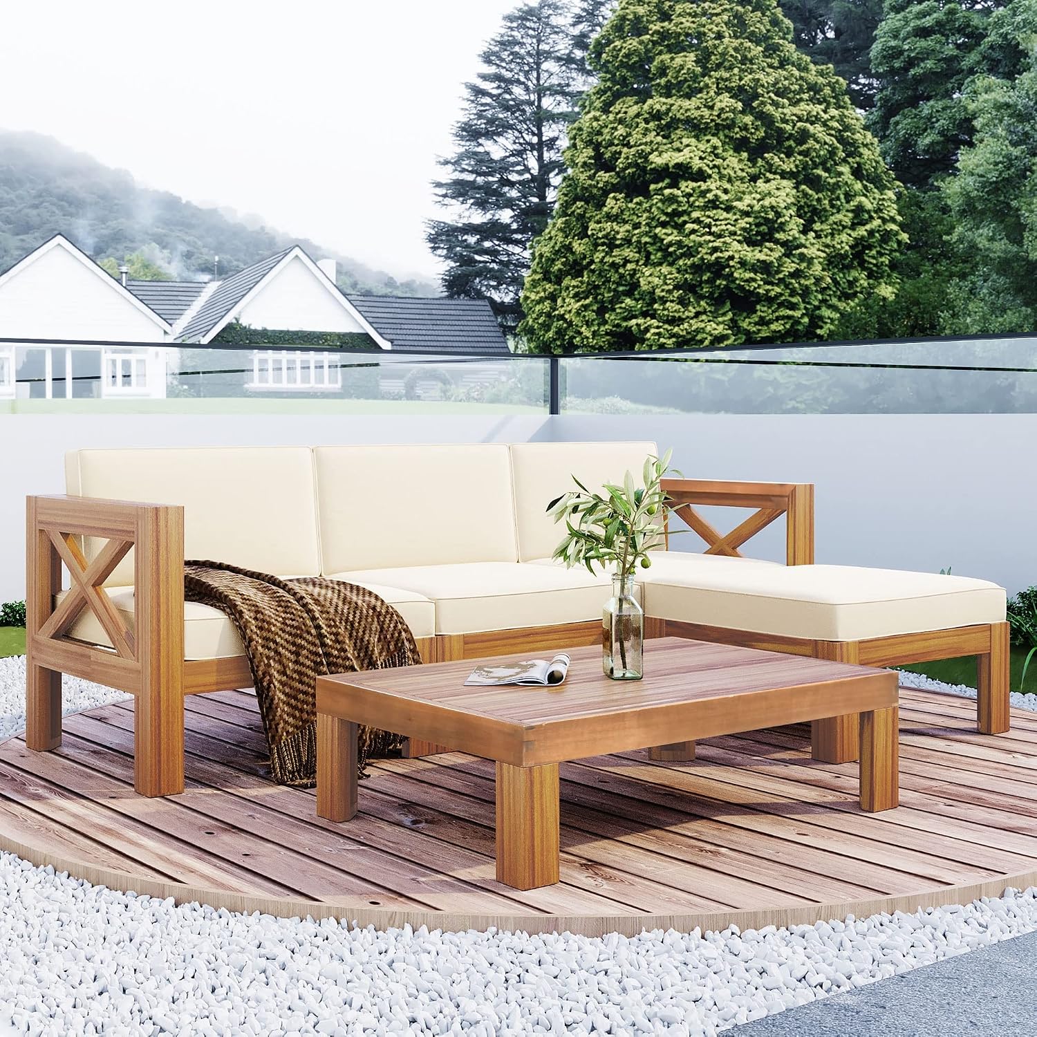5-Piece Sectional Sofa Seating Group Set With Cushions,Outdoor Backyard Patio Wood Sectional Seating Group With Tea Table And Ottoman For Backyard,Garden,Poolside (Natural Finish+ Beige Cushions-01)