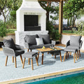 6-Piece Rope Patio Furniture Set, Outdoor Furniture with Acacia Wood Cool Bar Table with Ice Bucket, Deep Seat Patio Conversation Set with Two Stools for Backyard Porch Balcony (Grey-001)