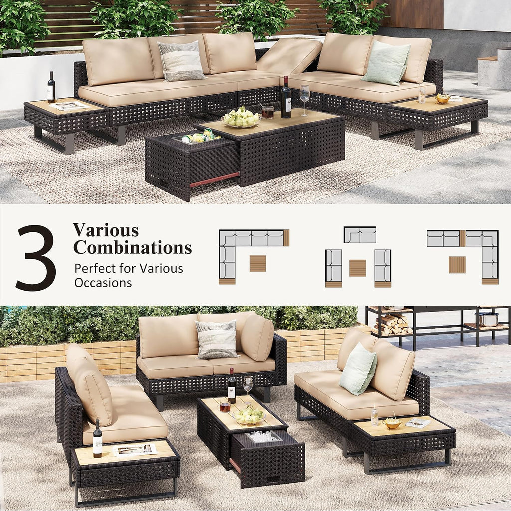 Boho Patio Furniture Set with Small Outdoor Table, Patio Bar Set w/Sillas para Balcon, Sillas para Patio Exterior, Adjustable Backrest, Ice Bucket Table, All-Weather Wicker (Khaki+Brown)