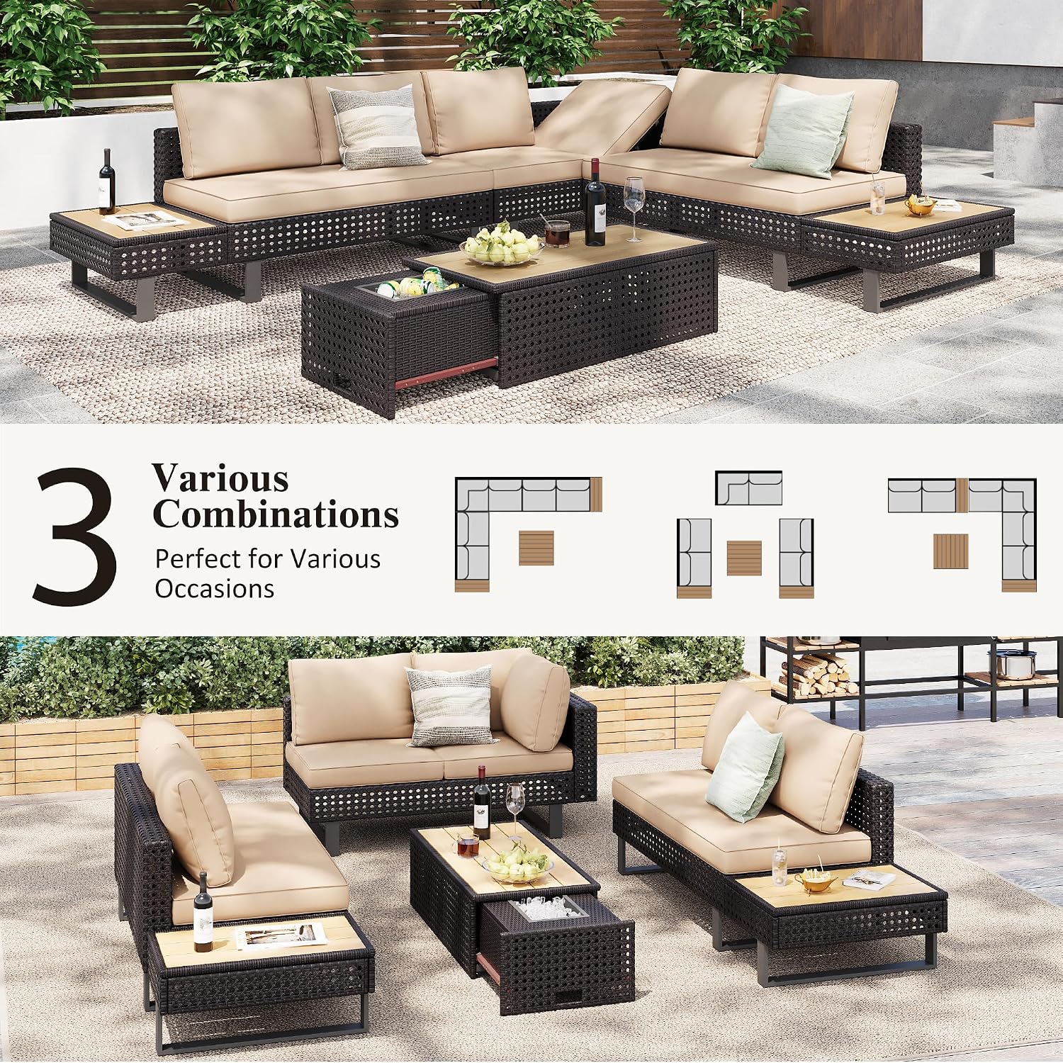 Boho Patio Furniture Set with Small Outdoor Table, Patio Bar Set w/Sillas para Balcon, Sillas para Patio Exterior, Adjustable Backrest, Ice Bucket Table, All-Weather Wicker (Khaki+Brown)