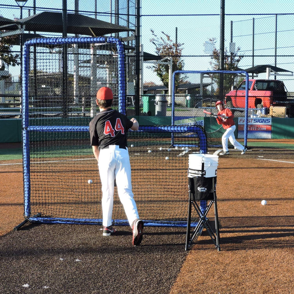 JUGS Protector Blue Series L-Shaped Pitchers Screen — Baseball Pitcher and Pitching Machine Protection, 7'H x 7'W with a 3' x 3' cutout, 60 Ply Poly-E Netting and 1.5' Diameter Frame, 1-Year Guarantee