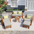 Outdoor Acacia Wood 6-Piece Conversation, Sectional Garden Seating Groups Chat Set, with Ottomans and Cushions, 4 Throw Pillows, for Balcony Backyard Porch (Grey-0H)