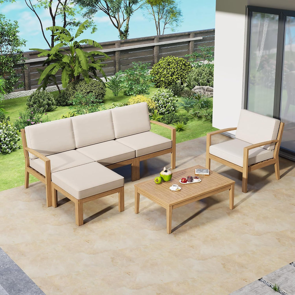 6-Piece Outdoor Patio Conversation Furniture Set, Acacia Wood Sectional Sofa Set with Coffee Table and Removable Cushion for Garden Backyard and Poolside (Beige-CC)