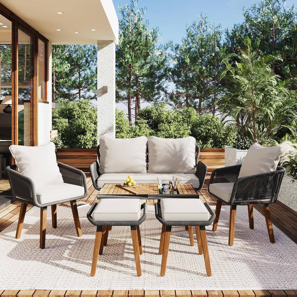 6-Piece Rope Patio Furniture Set, Outdoor Furniture With Acacia Wood Cool Bar Table With Ice Bucket , Deep Seat Patio Conversation Set With Two Stools For Backyard Porch Balcony (Black & Beige-001)