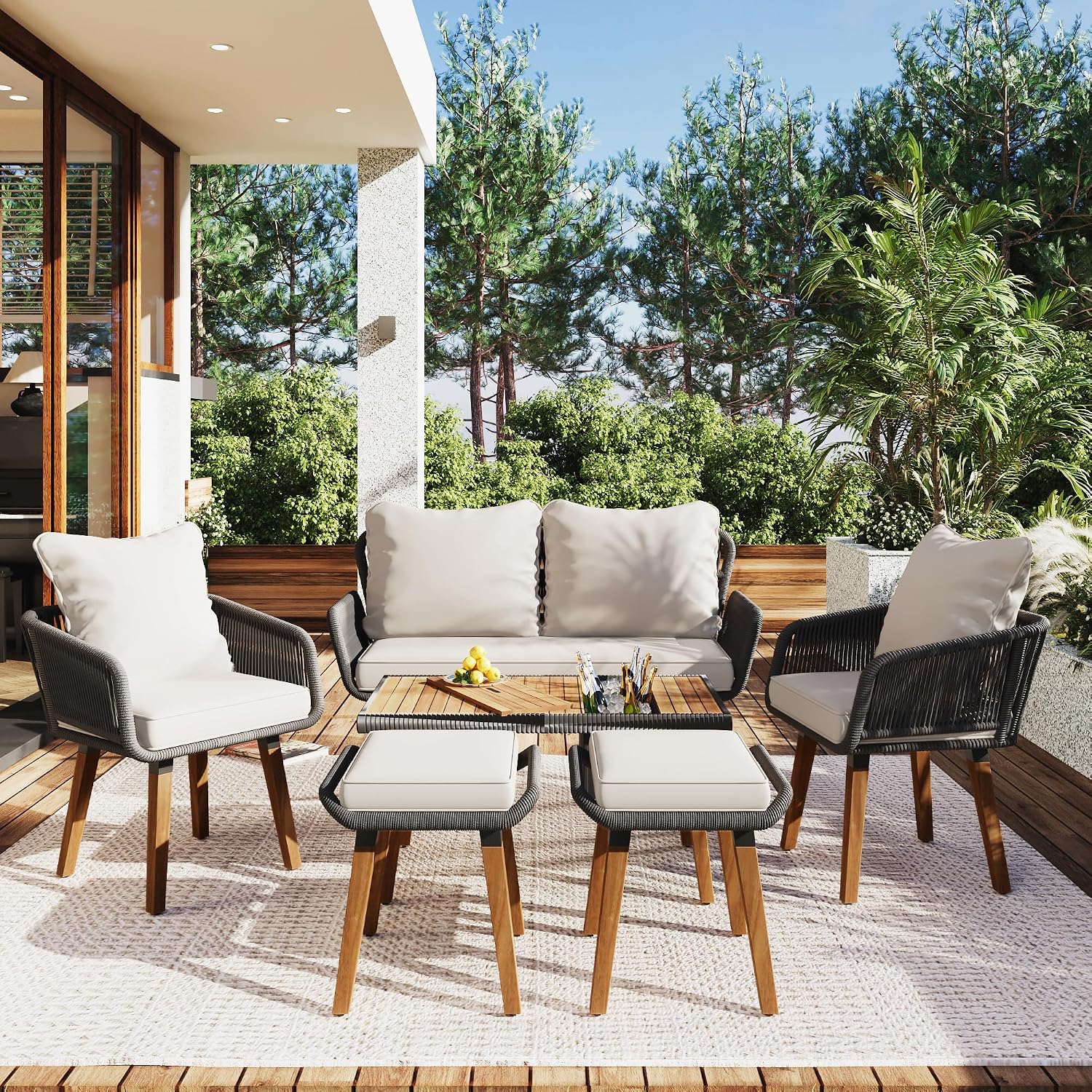 6-Piece Rope Patio Furniture Set, Outdoor Furniture With Acacia Wood Cool Bar Table With Ice Bucket , Deep Seat Patio Conversation Set With Two Stools For Backyard Porch Balcony (Black & Beige-001)