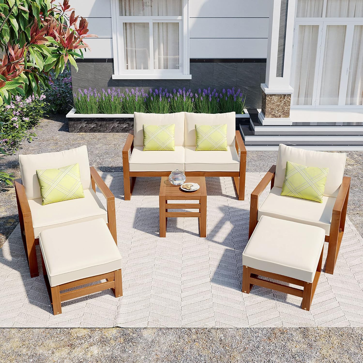 Outdoor Acacia Wood 6-Piece Conversation, Sunroom Furniture Indoor Sectional Garden Seating Groups Chat Set with Ottomans and Cushions, 4 Throw Pillows, for Balcony Backyard Porch (Beige-0H)