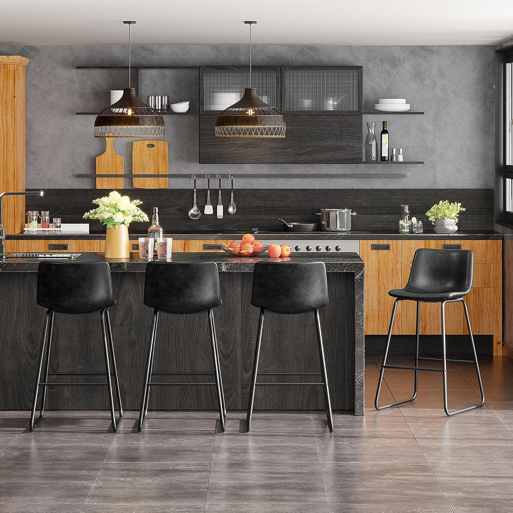REONEY Bar Stools Set of 4, Faux Leather Counter Height Stools, 26' Modern Barstools with Metal Legs and Footrest, Urban Armless Counter Chairs with Back for Kitchen Island (Black)