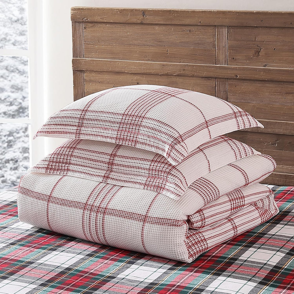 Levtex Home - Peppermint Plaid Comforter Set - Twin Comforter + One Standard Pillow Cases - Red, Cream - Waffle Plaid - Comforter (68 x 88in.) and Pillow Case (26 x 20in.) - Cotton