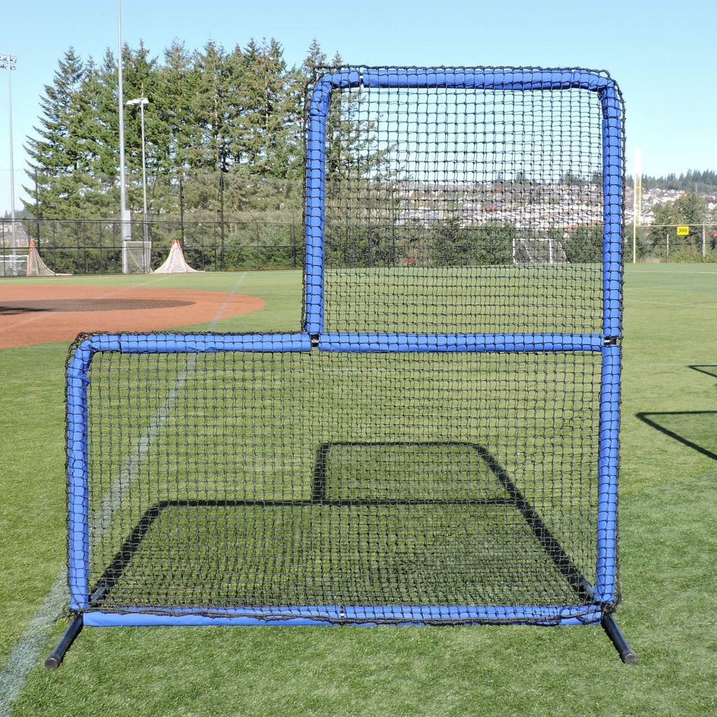 JUGS Protector Blue Series L-Shaped Pitchers Screen — Baseball Pitcher and Pitching Machine Protection, 7'H x 7'W with a 3' x 3' cutout, 60 Ply Poly-E Netting and 1.5' Diameter Frame, 1-Year Guarantee