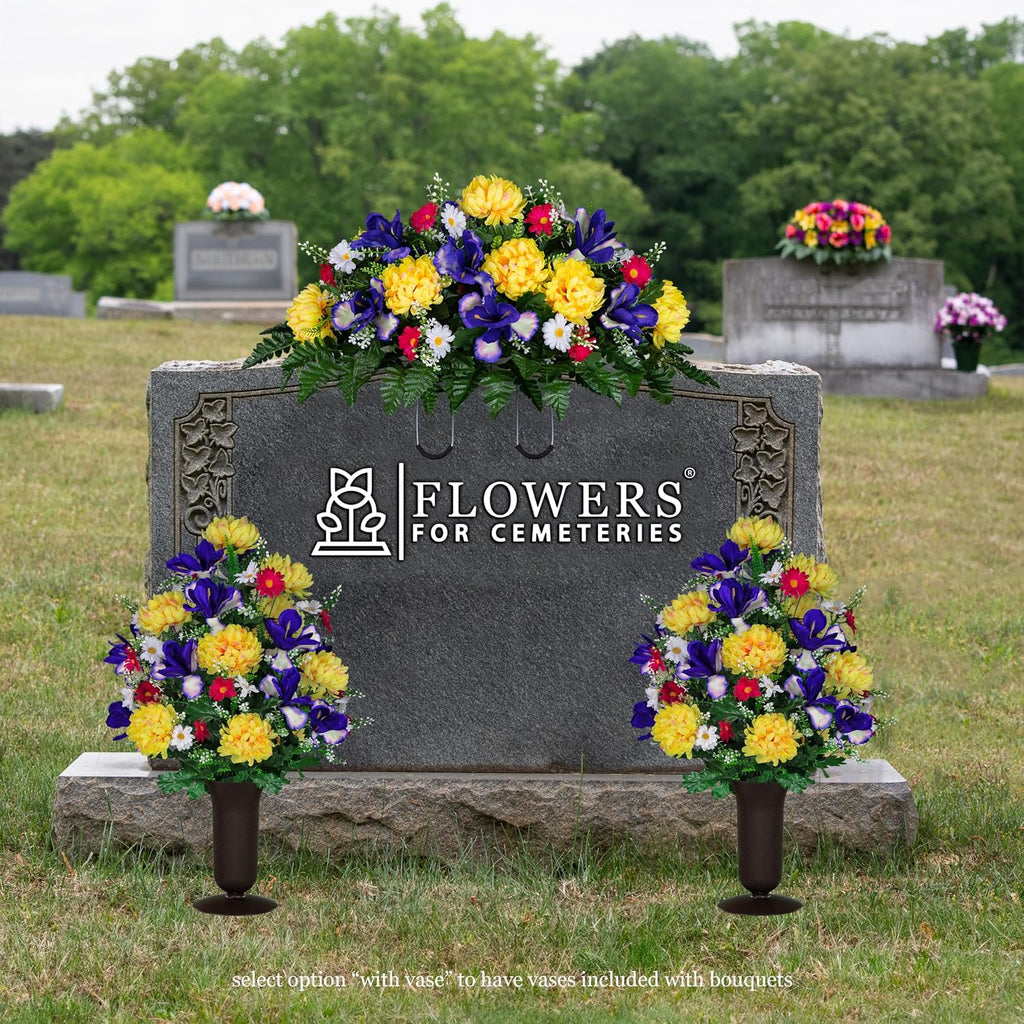 Sympathy Silks Artificial Cemetery Flowers - Grave Flower Holder - Purple Iris, Yellow Mum, Pink Daisy - (1) Headstone Flower Saddle & (2) Matching Bouquets