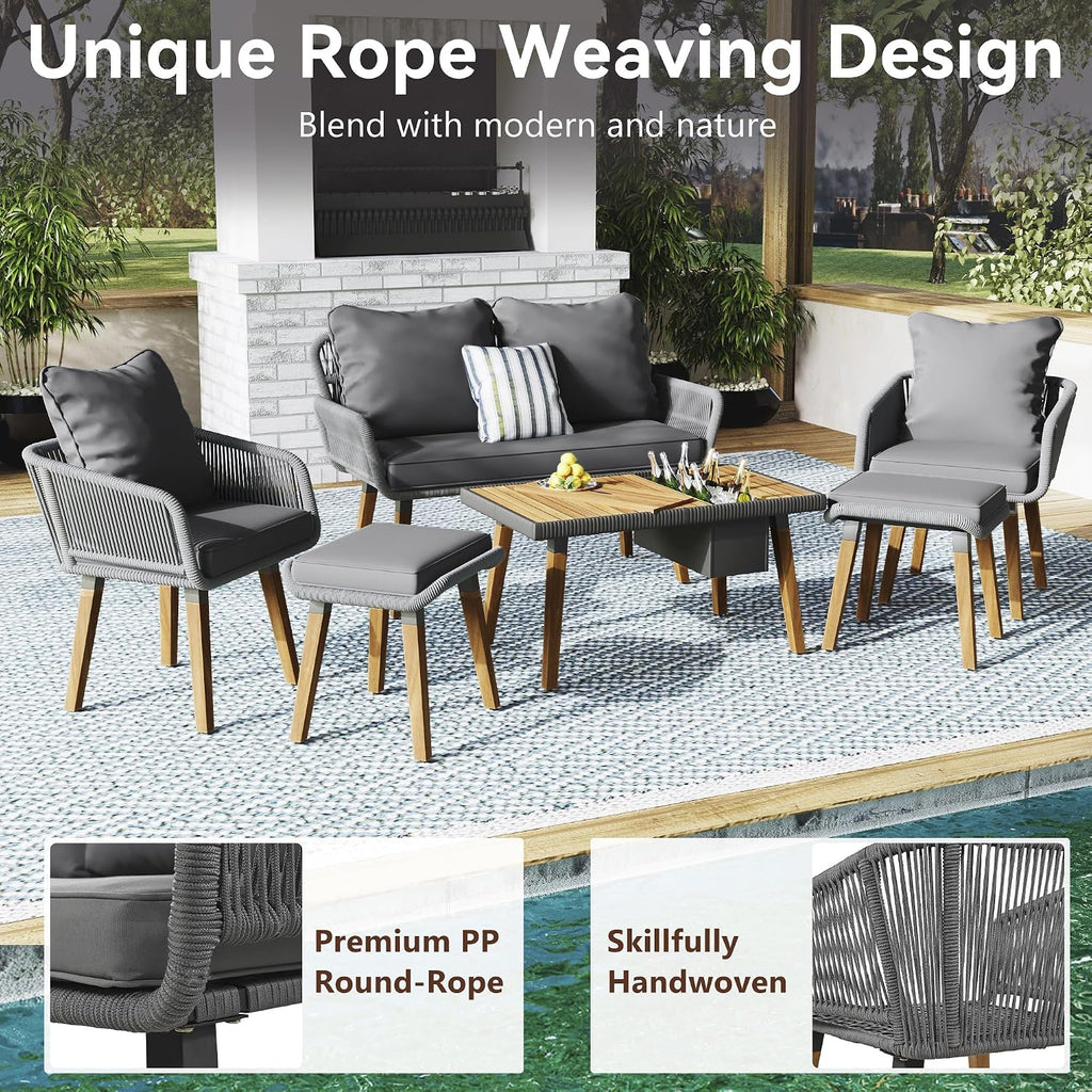 6-Piece Rope Patio Furniture Set, Outdoor Furniture with Acacia Wood Cool Bar Table with Ice Bucket, Deep Seat Patio Conversation Set with Two Stools for Backyard Porch Balcony (Grey-001)