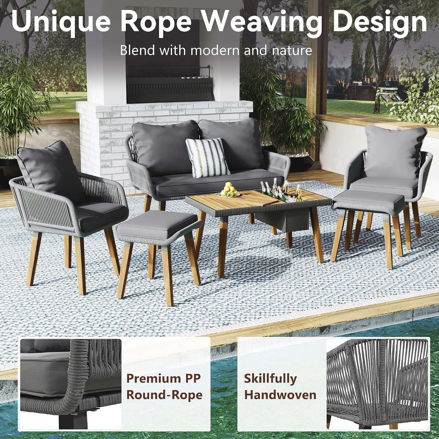 6-Piece Rope Patio Furniture Set, Outdoor Furniture with Acacia Wood Cool Bar Table with Ice Bucket, Deep Seat Patio Conversation Set with Two Stools for Backyard Porch Balcony (Grey-001)