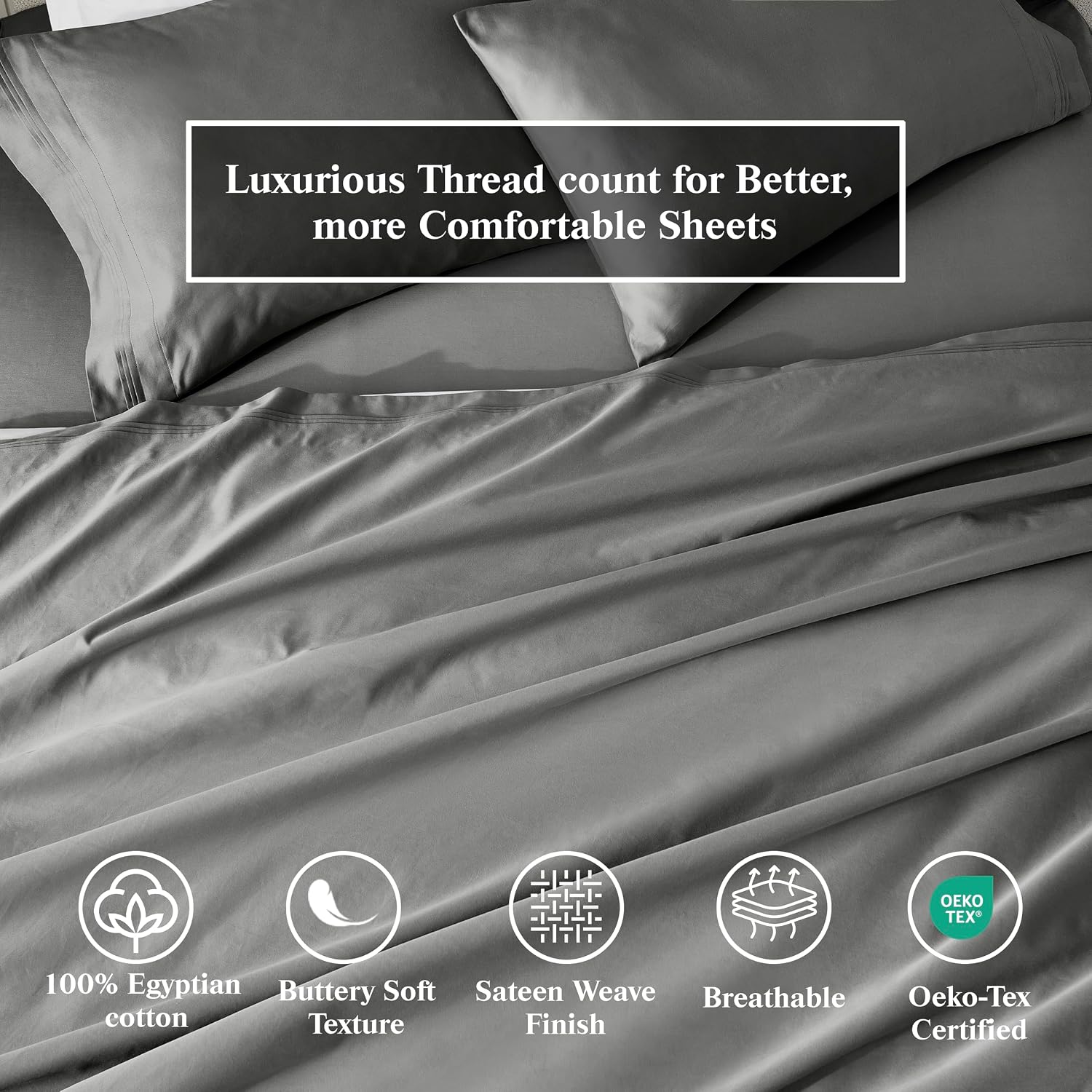 Superior Egyptian Cotton 4 Piece Sheet Set, 650 Thread Count, Modern Design, Sustainable Sheets, Ultra-Soft Basics, Solid, Deep Pocket Fitted Sheet, Flat Sheet, Pillowcases, California King, Grey