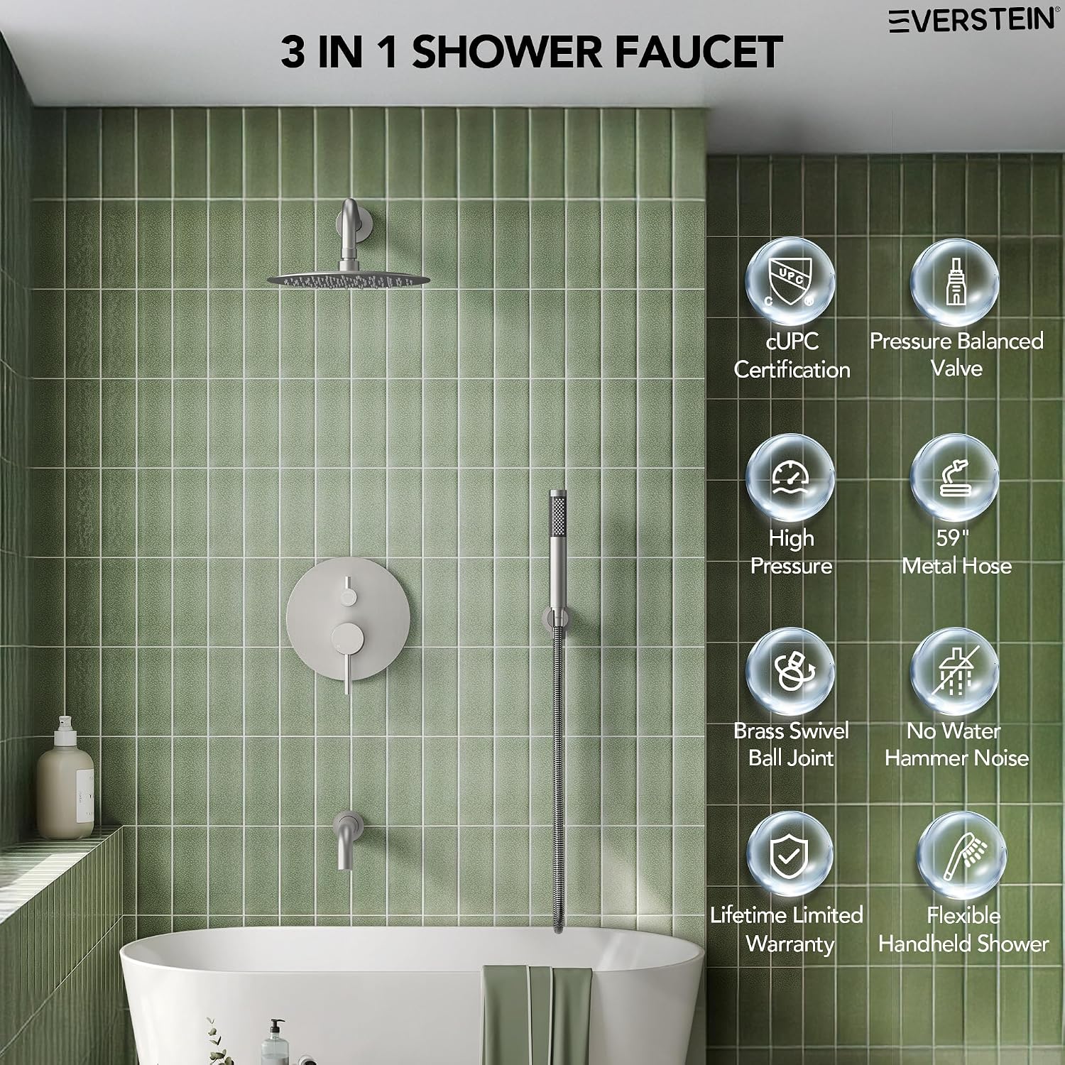10' High-Pressure Rainfall Shower System with Handheld Spray, Wall Mount Bathroom Shower Faucet Set with Tub Spout (Brushed Nickel)
