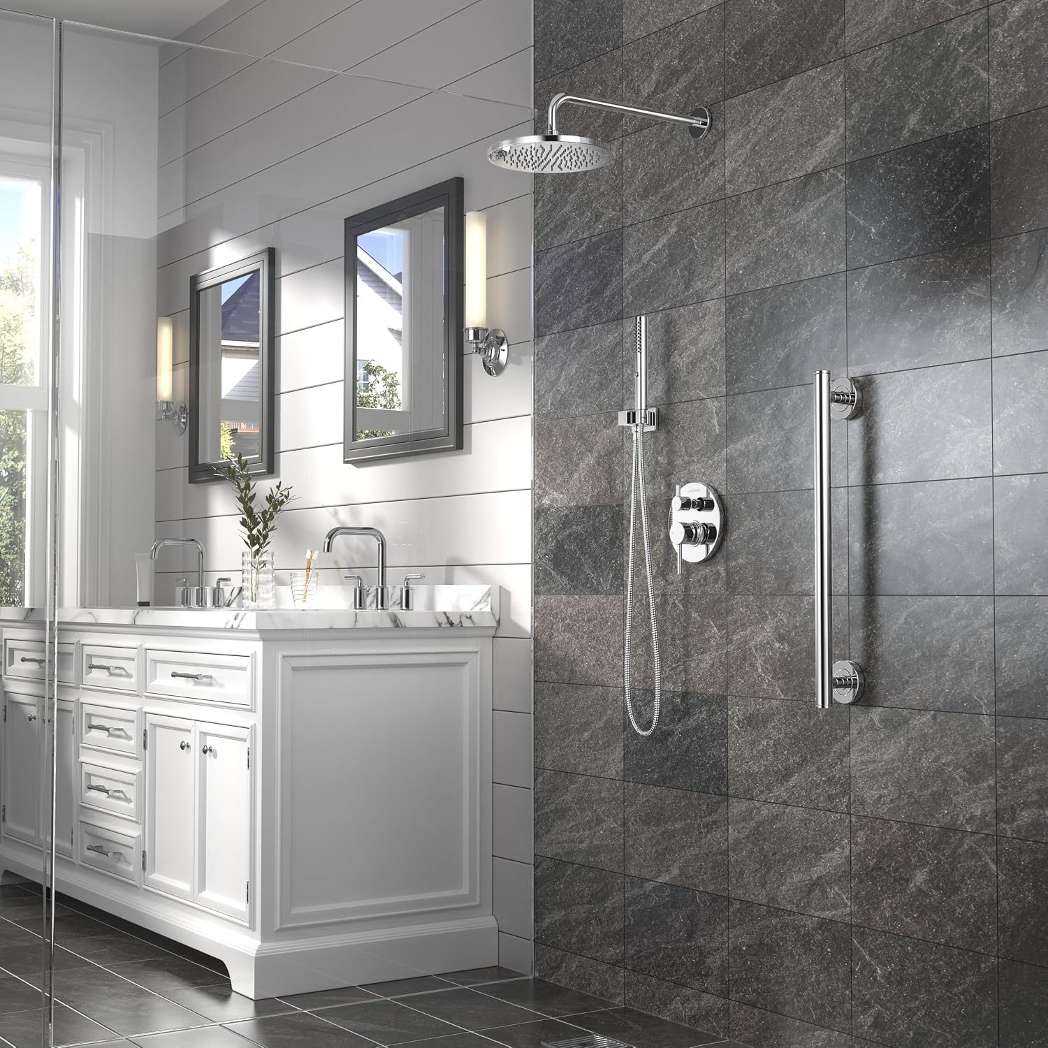 Lava Odoro Modern 2-Setting Round Rain Shower System with Handheld Spray, Chrome Rainfall Shower Faucet Set Rain Shower Head and Handle Set, Shower Valve Trim Kit,10 Inch, Chrome, SF104-C