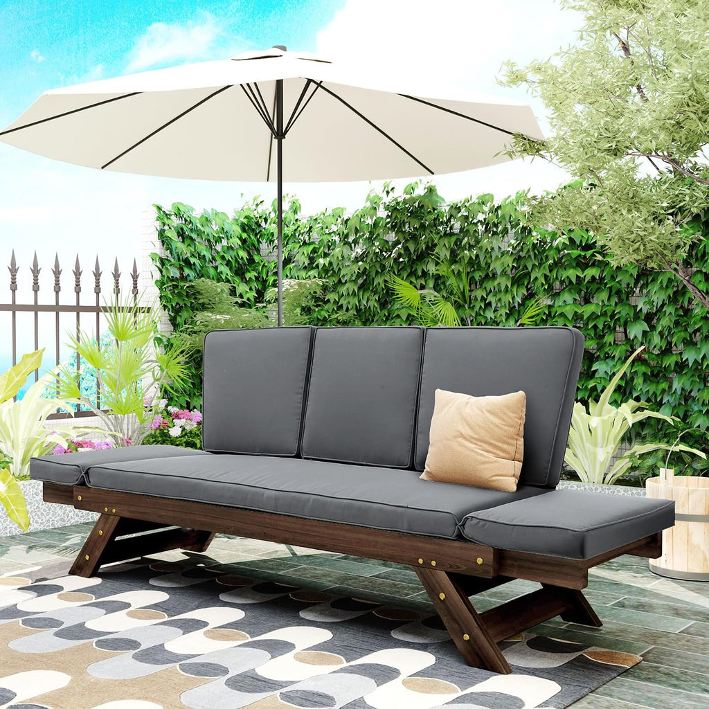 Outdoor Adjustable Patio Wooden Daybed Sofa Chaise Lounge with Cushions for Small Places Porch Lawn Garden Backyard Poolside (Brown Finish+Gray Cushion-02)