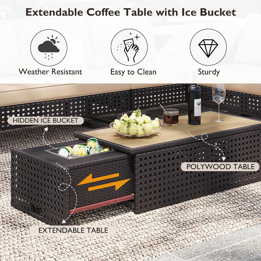 Boho Patio Furniture Set with Small Outdoor Table, Patio Bar Set w/Sillas para Balcon, Sillas para Patio Exterior, Adjustable Backrest, Ice Bucket Table, All-Weather Wicker (Khaki+Brown)