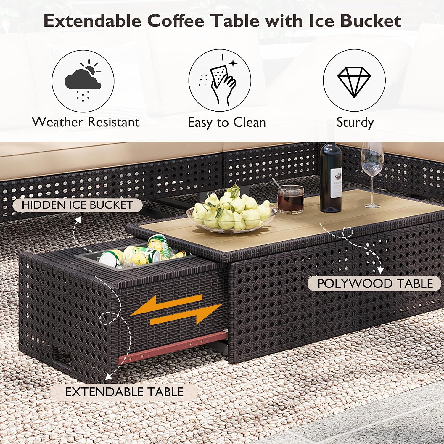 Boho Patio Furniture Set with Small Outdoor Table, Patio Bar Set w/Sillas para Balcon, Sillas para Patio Exterior, Adjustable Backrest, Ice Bucket Table, All-Weather Wicker (Khaki+Brown)