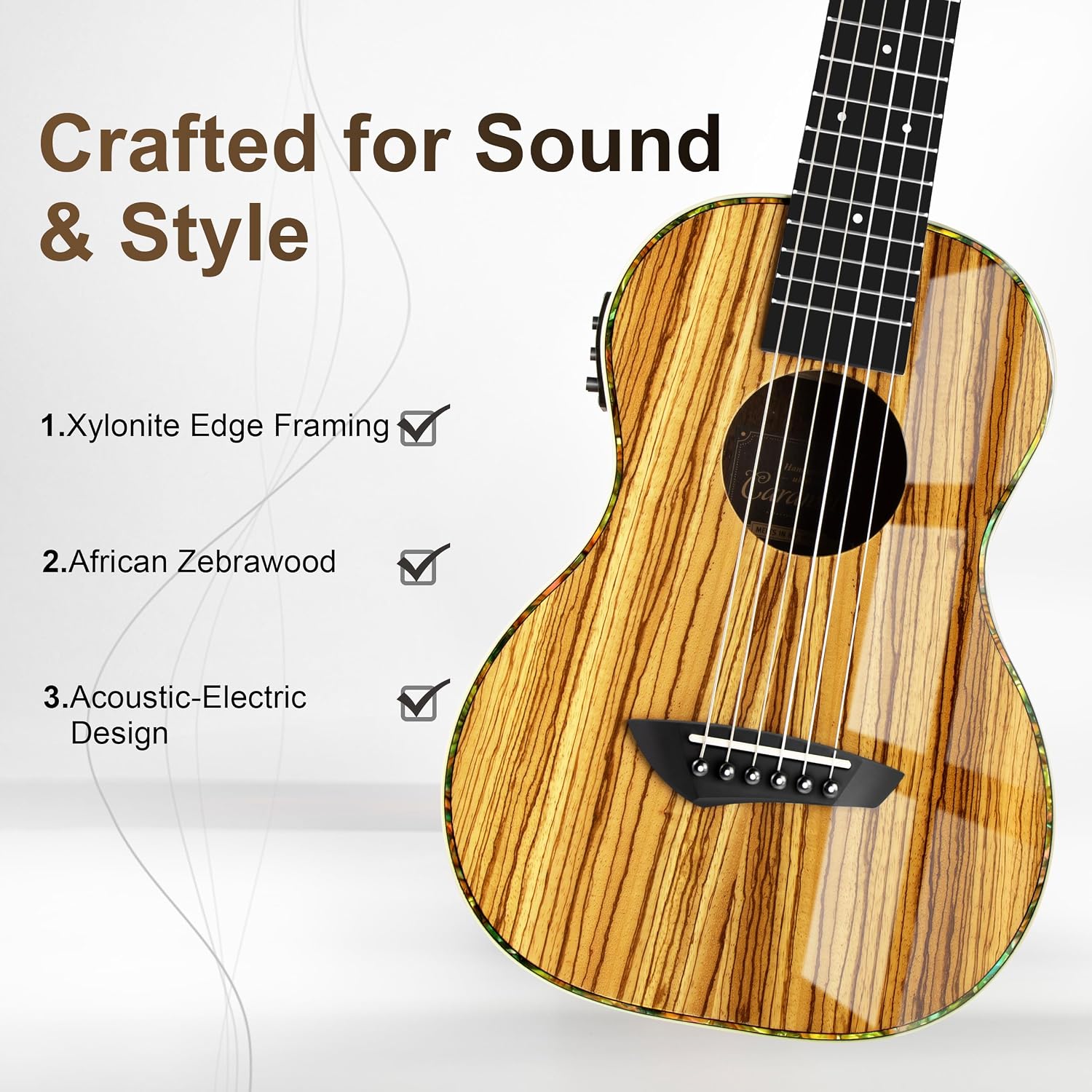 Caramel 6 String CB103G 30 Inch High Gloss Zebra Wood Acoustic & Electric Ukulele Guitalele with Truss Rod with Padded Gig Bag, Strap